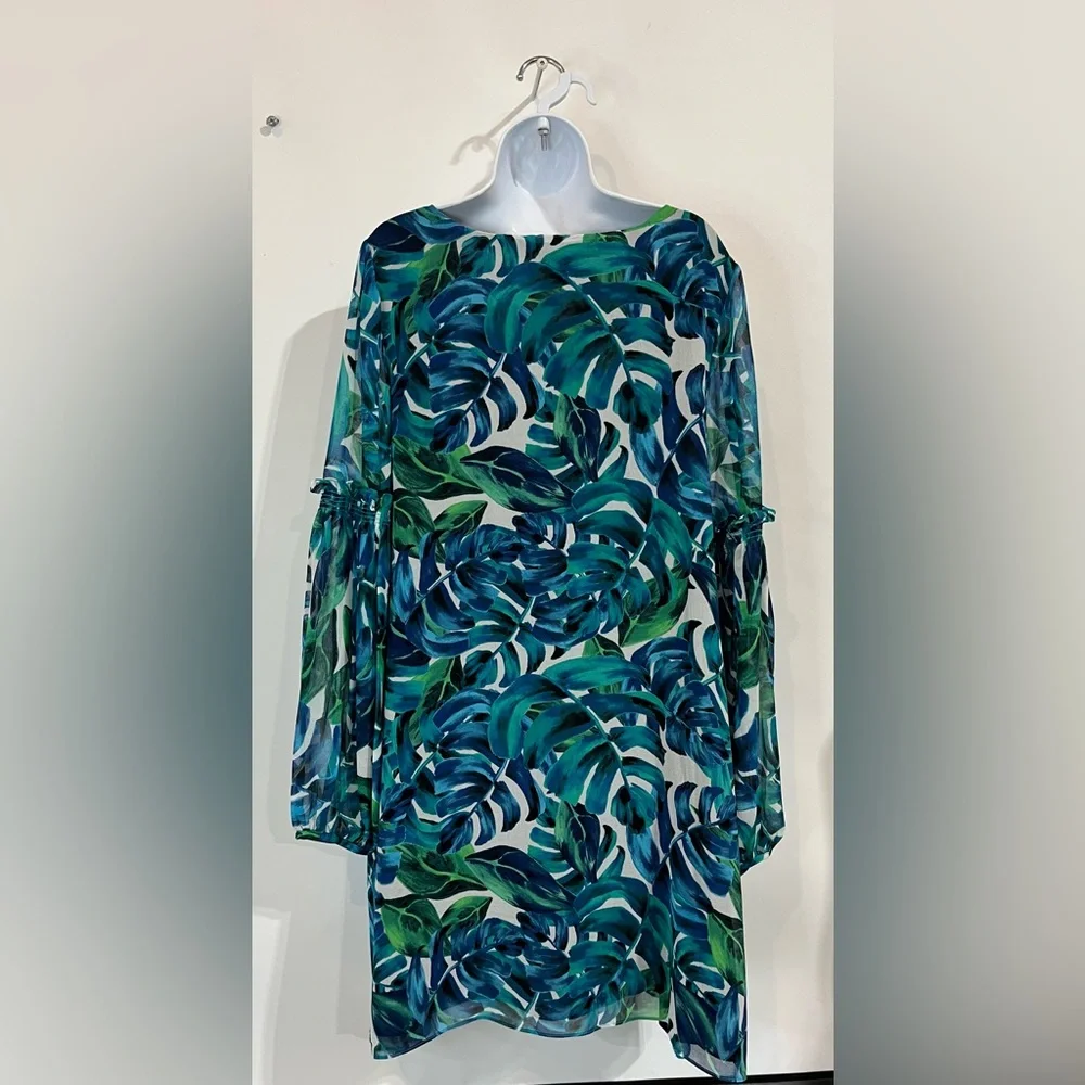 Blue Green Leaf-Print Long-Sleeve Shift Dress
